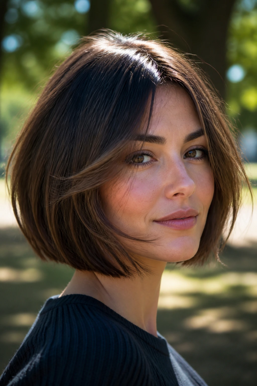 Close-up of a real woman wearing a feathered bob with cheekbone emphasis.