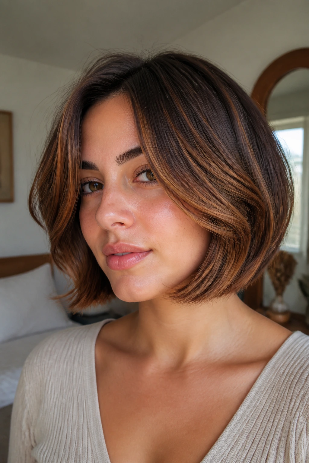 Close-up of a real woman with a feathered bob and cinnamon lowlights in a warm bedroom