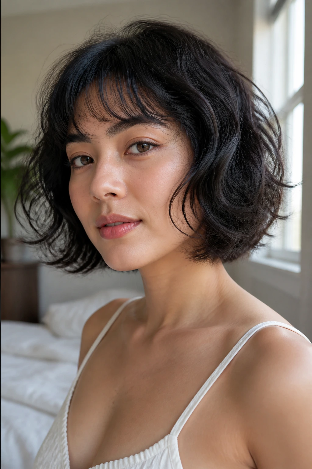 Close-up of a real woman with a feathered bob featuring light, directional ends.
