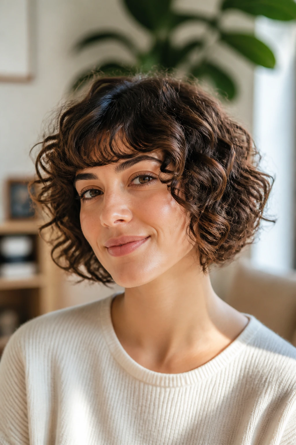 Real woman with feathered bob showing separated, light ends