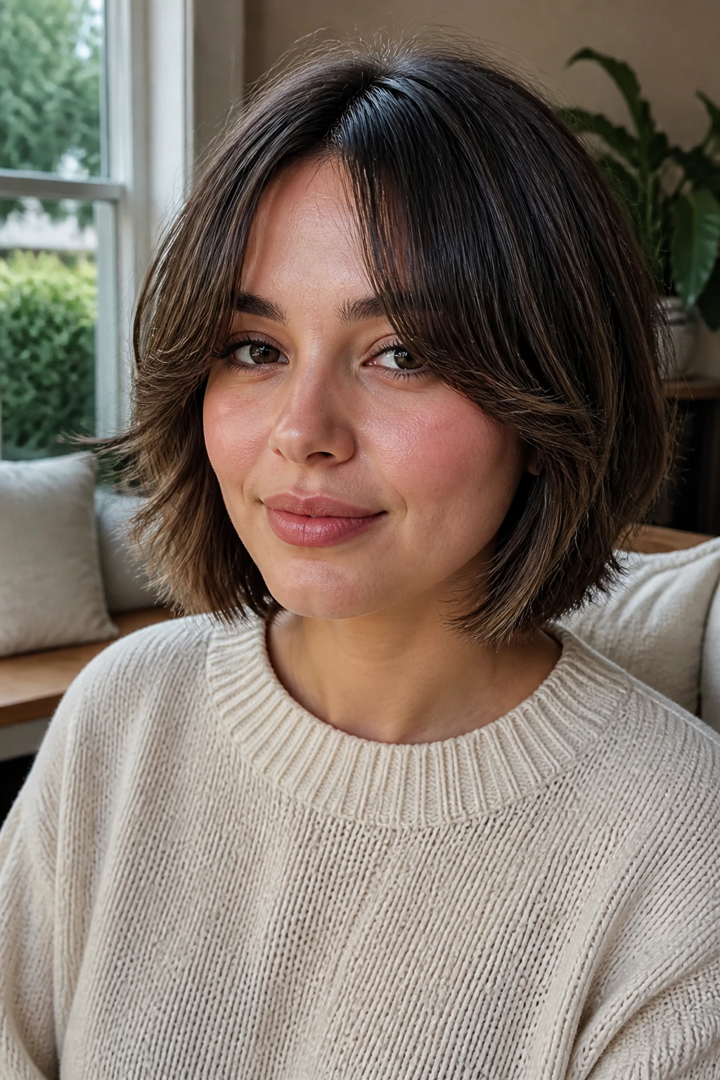 Close-up of woman with feathered bob and curtain bangs in natural light