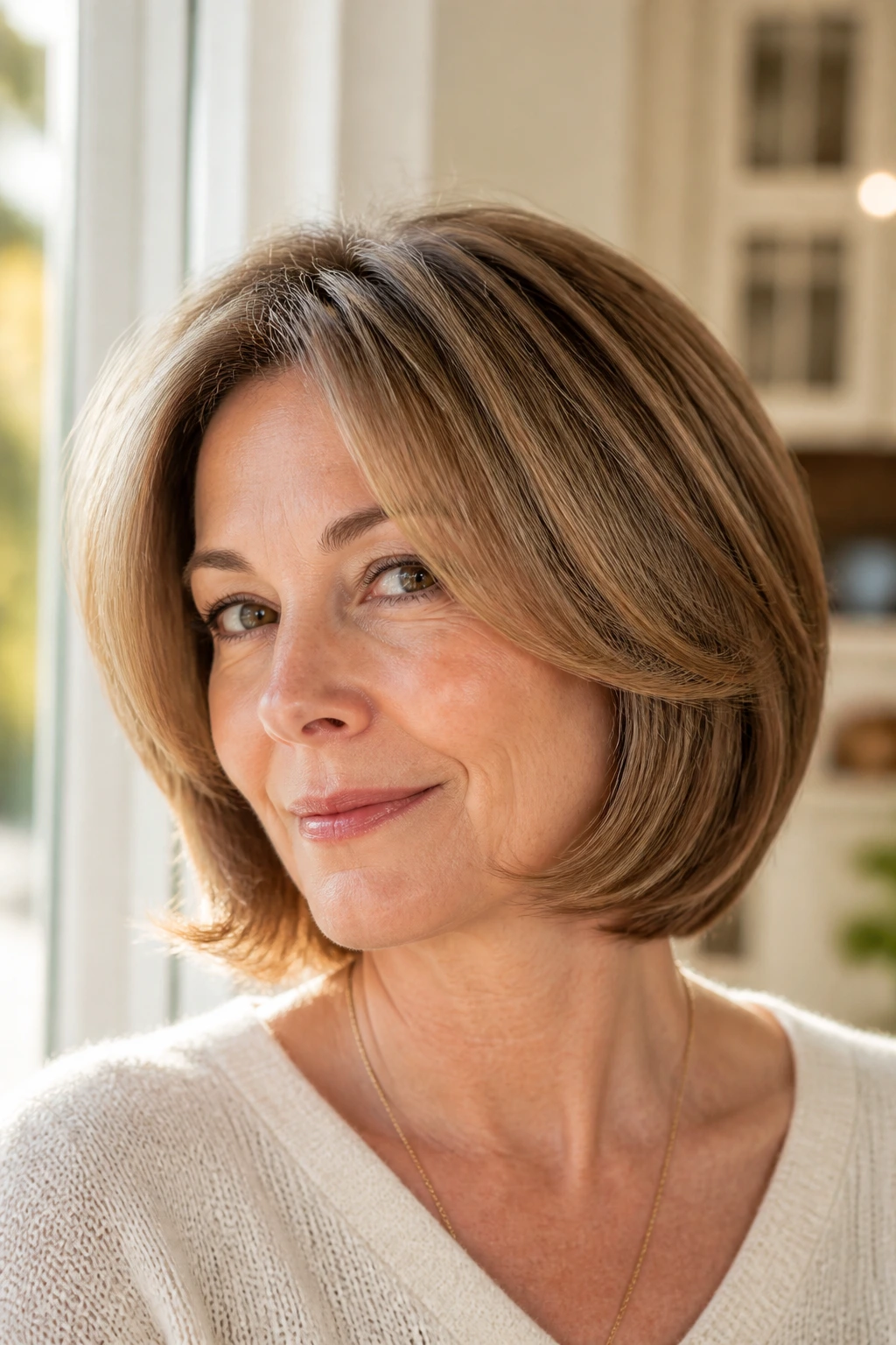 Close-up of a real woman with a feathered bob and soft curved ends in natural light