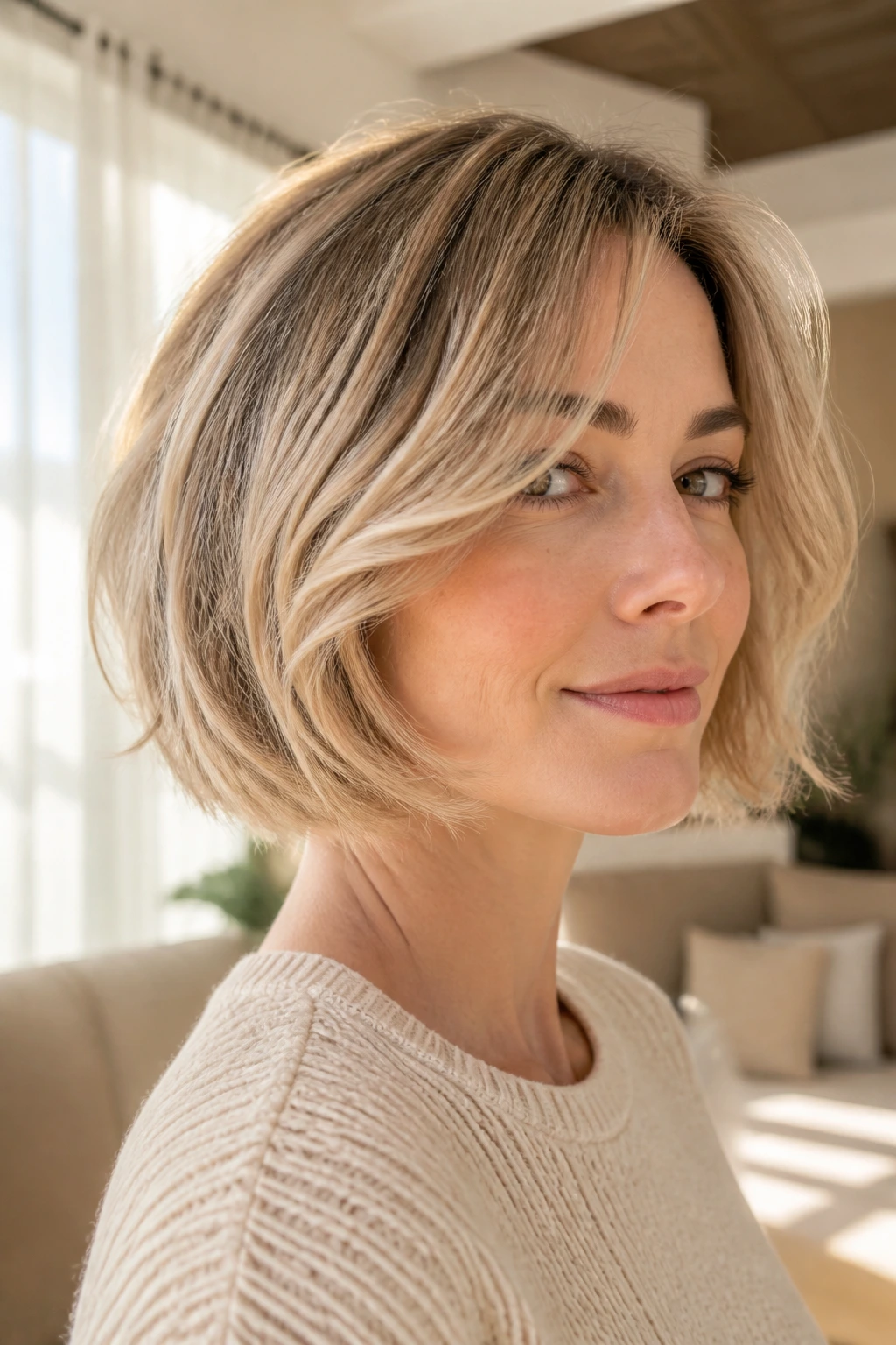 Real woman with feathered bob and light face framing in bright room