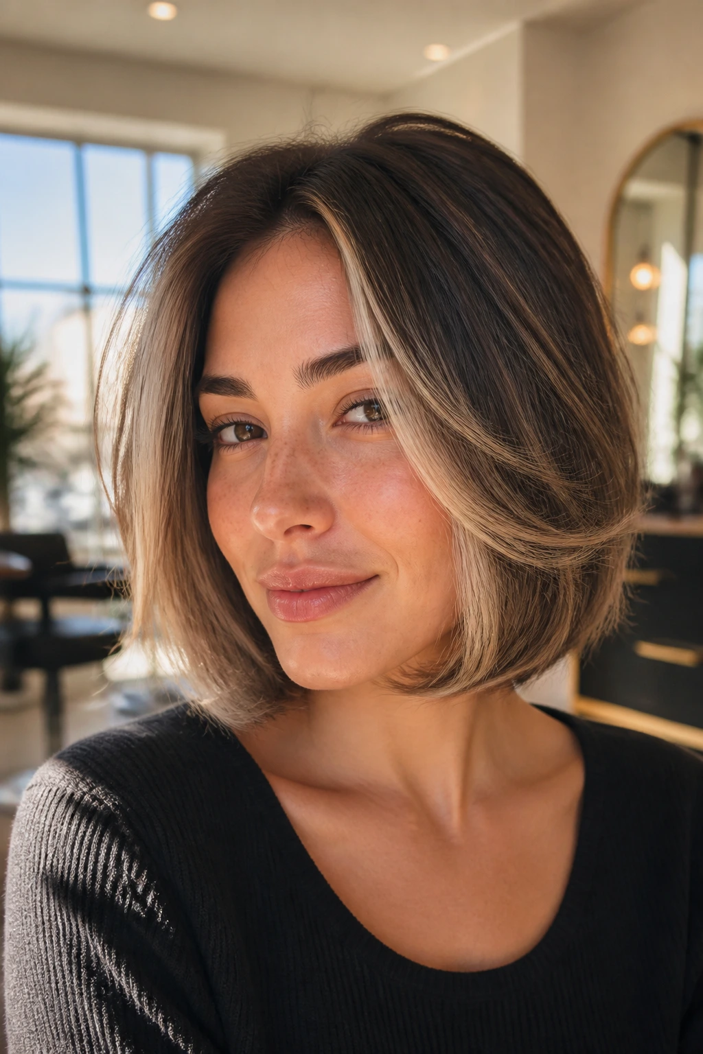 Portrait of a real woman with feathered bob and face-framing pieces in natural light.
