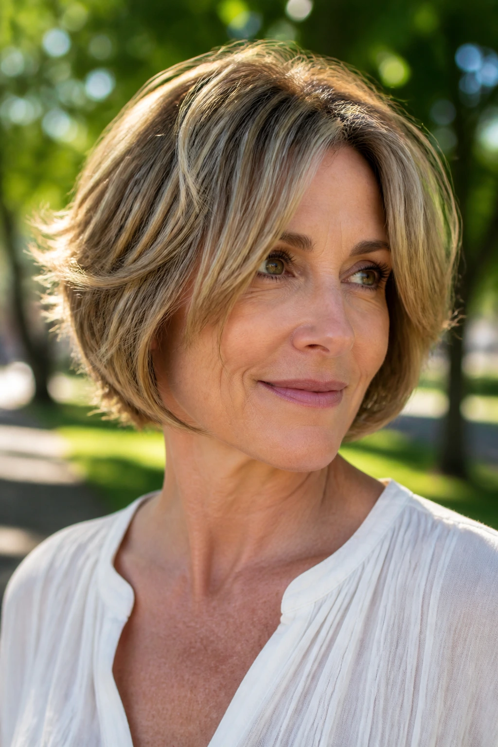 Portrait of a real woman with a feathered bob and loose face-framing