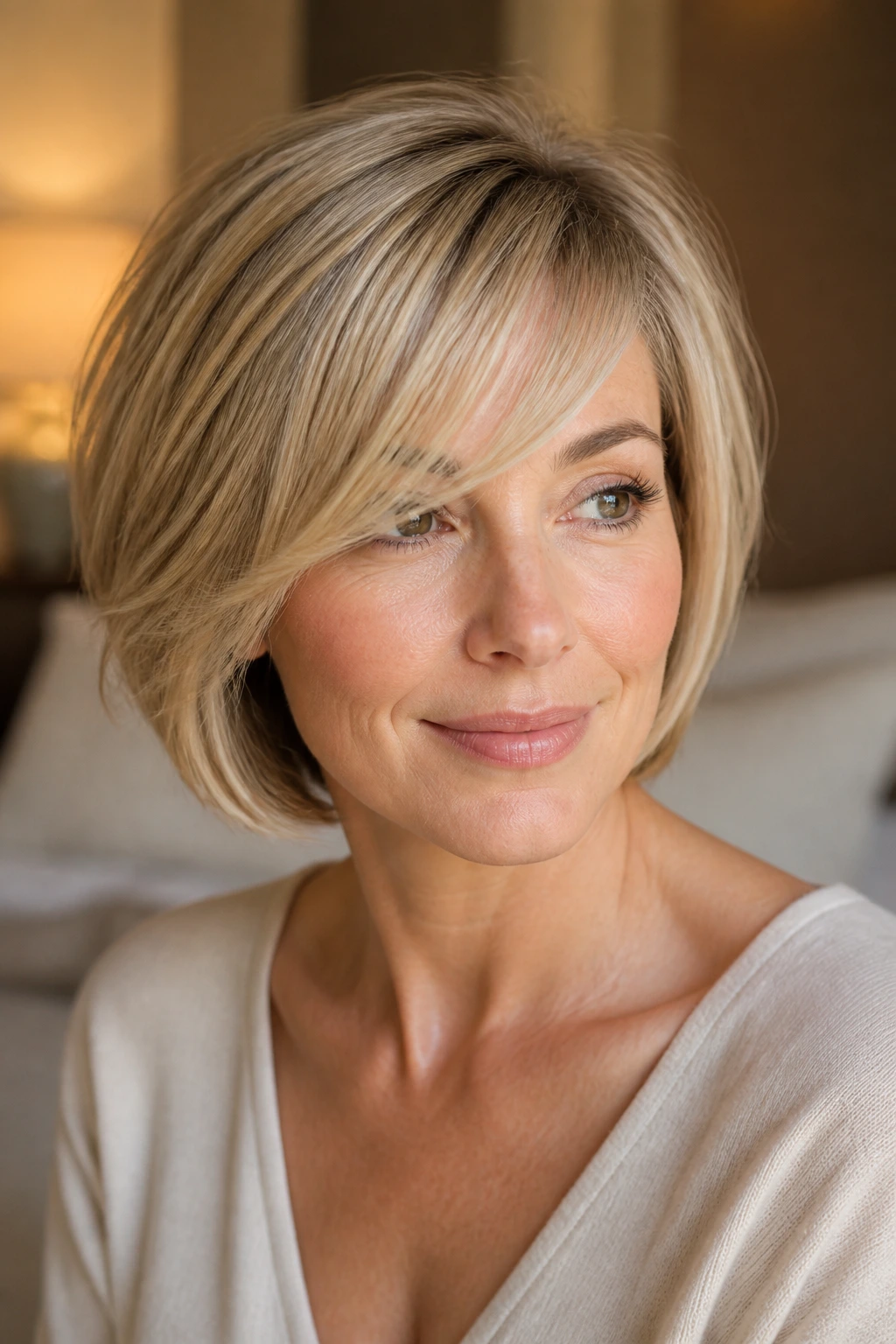Real woman with feathered bob for fine hair under morning light.