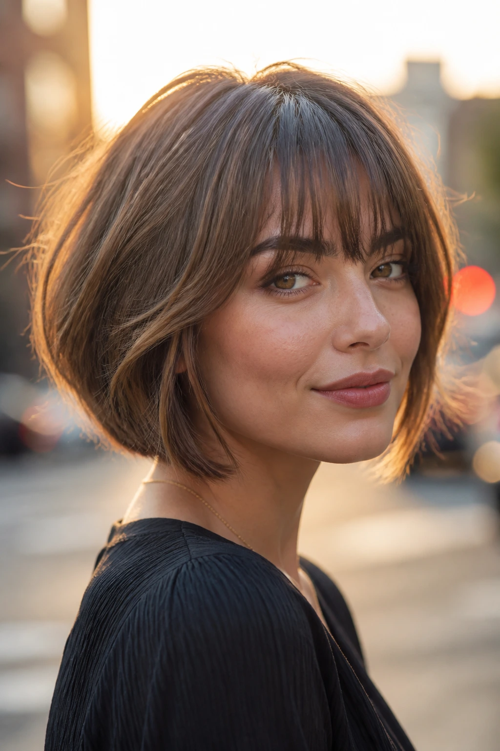 Portrait of a real woman with feathered A-line bob and airy fringe.