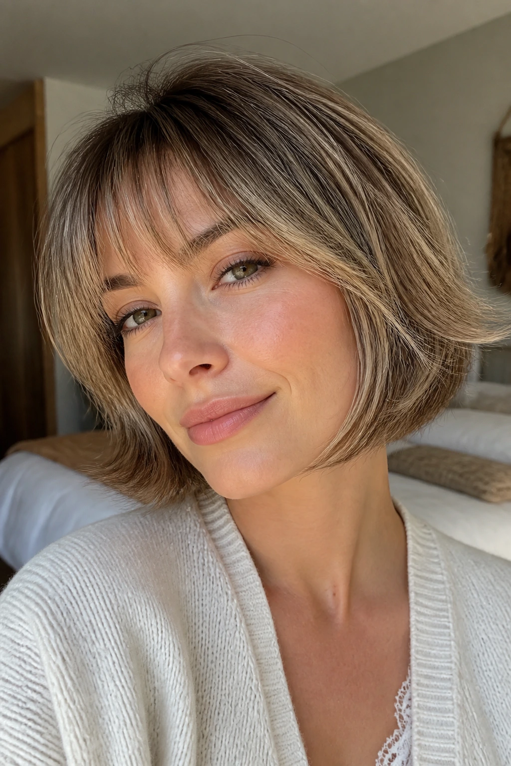 Close-up of a woman with a feathered bob and light fringe framing the cheeks.