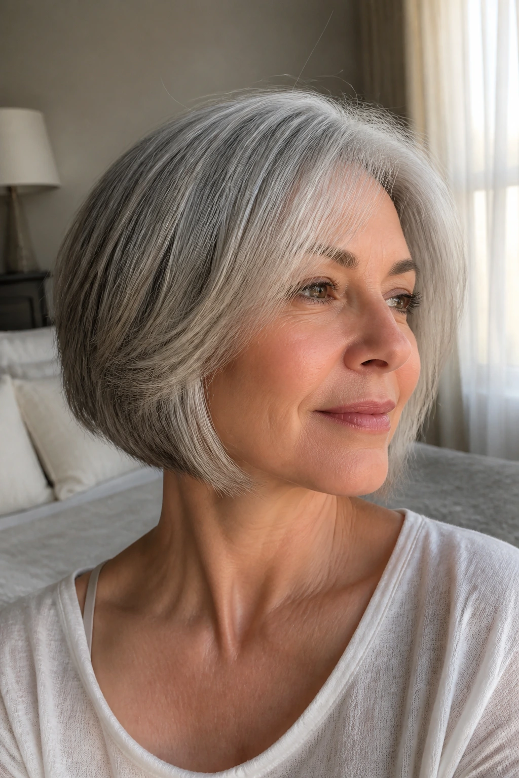 Close-up portrait of a real woman with feathered pearl bob in pearl-grey tones