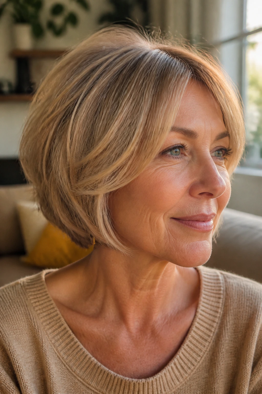 Close-up of a real woman with feathered bob and light layers in cozy room