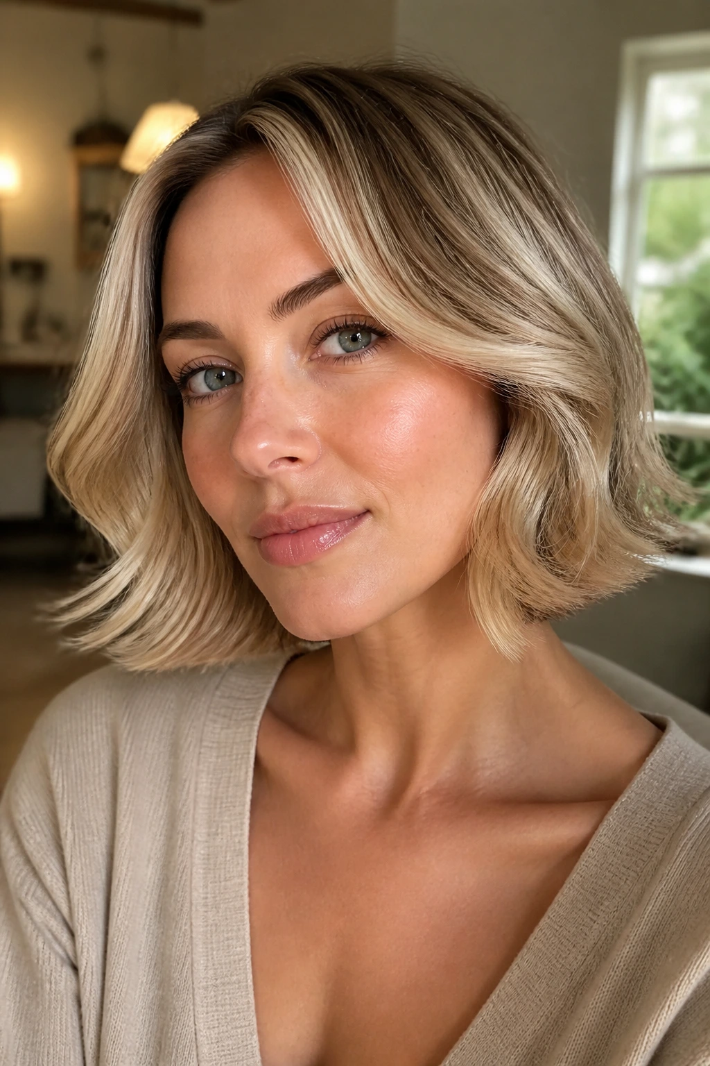 Close-up portrait of a woman with feathered bob and flipped-out ends
