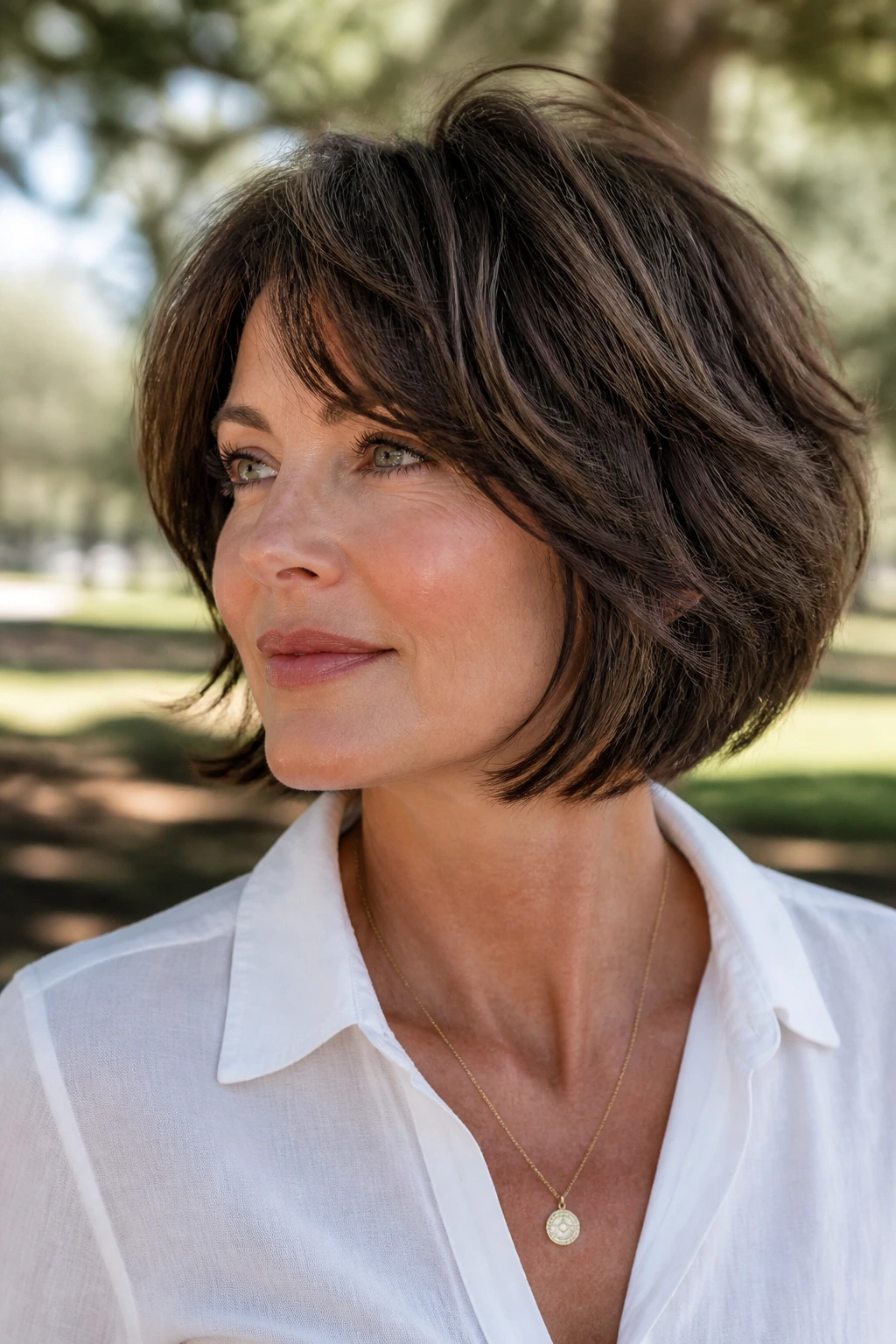 Portrait of a woman with feathered bob showing airy ends