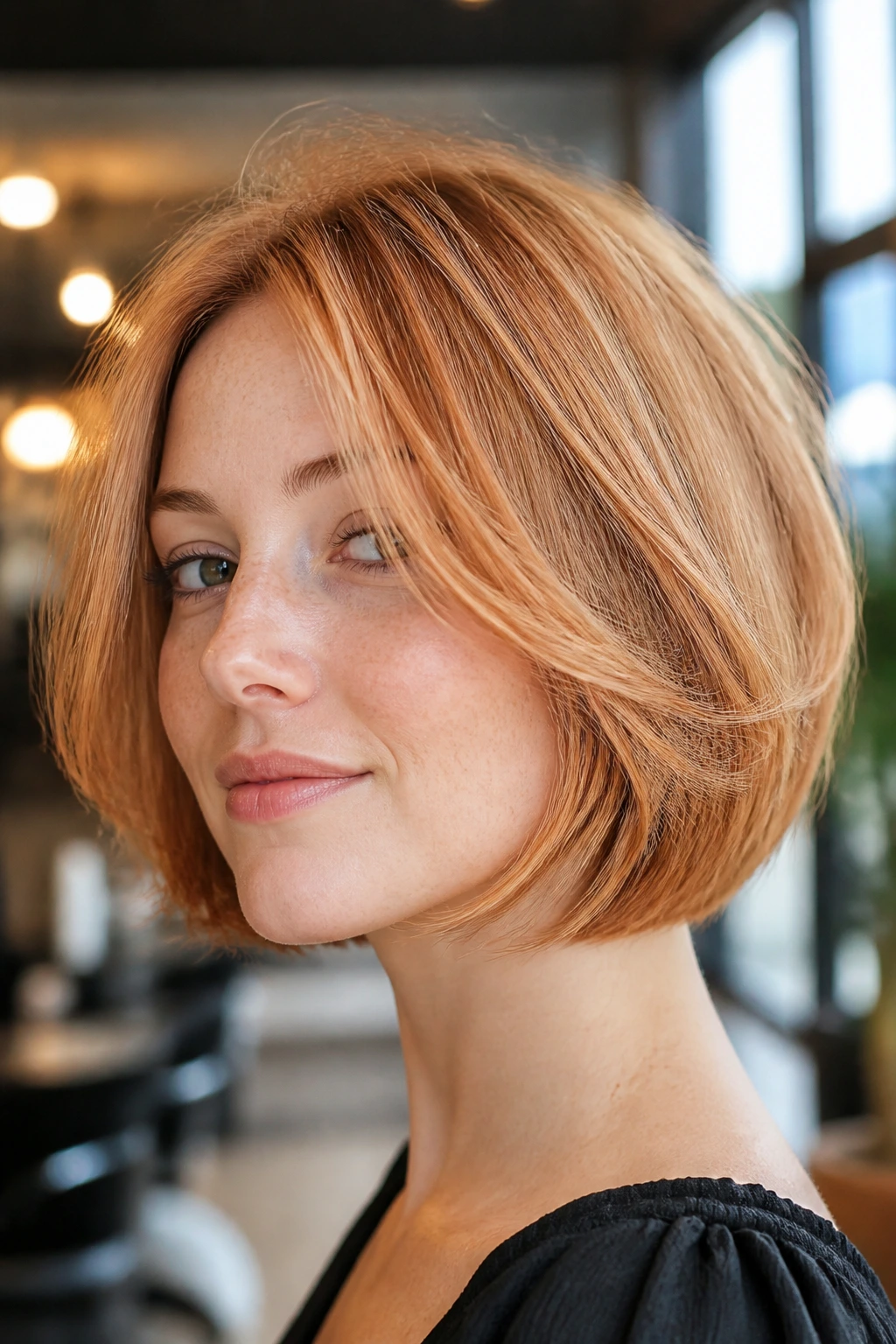 Close-up portrait of a real woman with a feathered bob and rosy undertones around the jawline