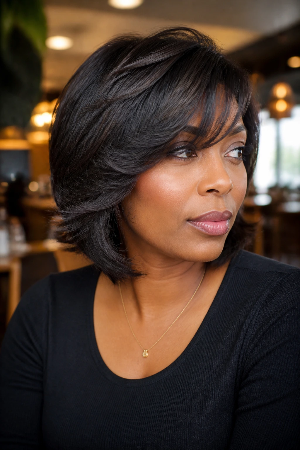 Close-up portrait of a real Black woman with feathered bob and side bangs