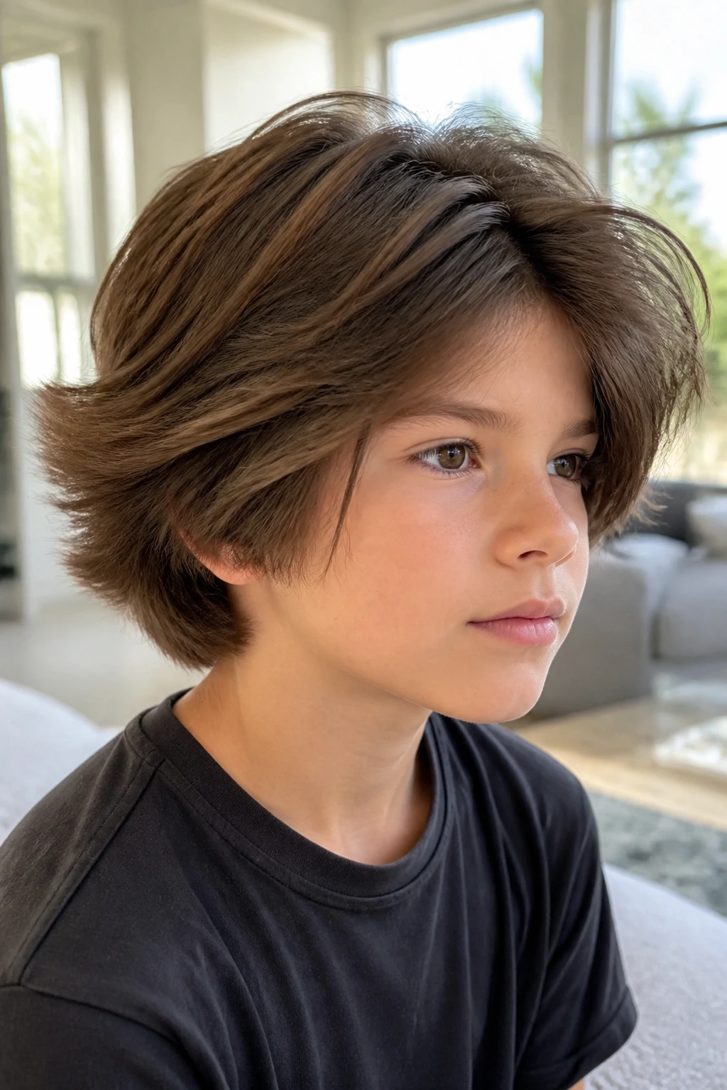Close-up of a boy with a feathered bob lifting off the crown.