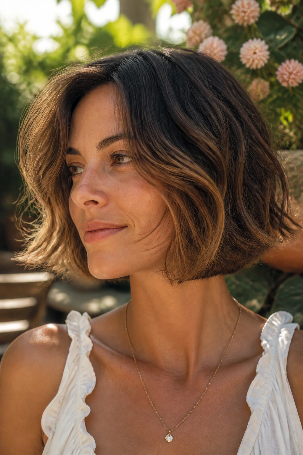 Portrait of a woman with a feathered bob in soft sunlight
