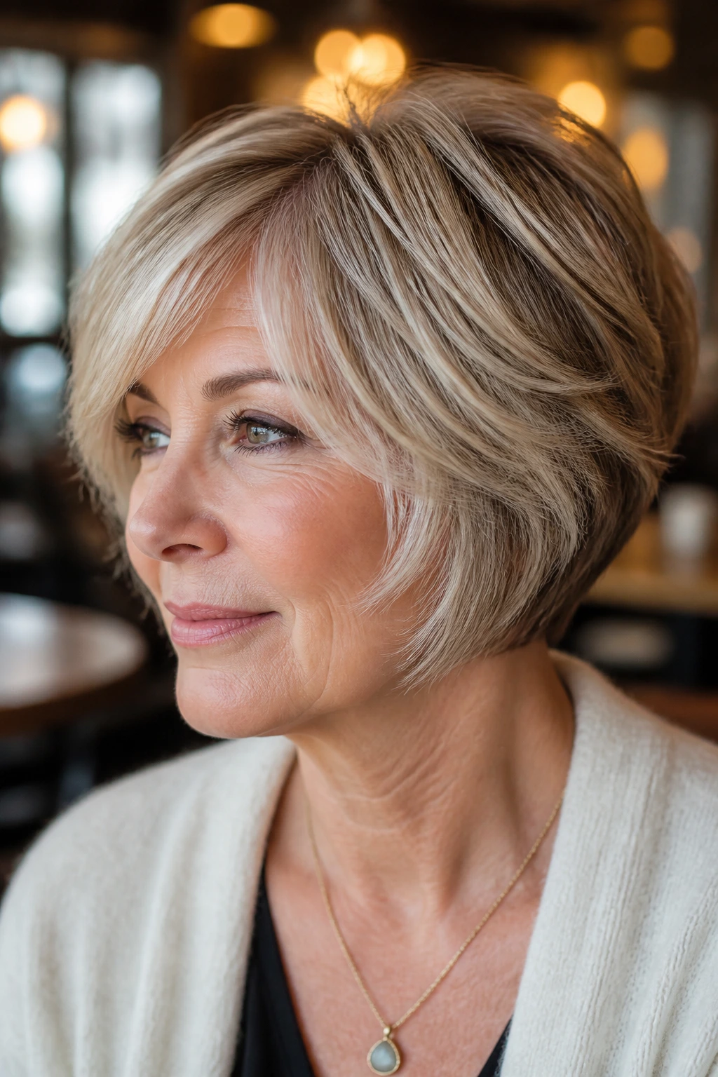 Portrait of a real woman with feathered bob-wedge hybrid hairstyle.