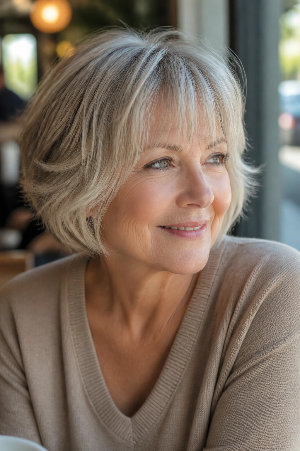 Close-up portrait of a real woman with a feathered bob and wispy bangs in daylight by a cafe window.