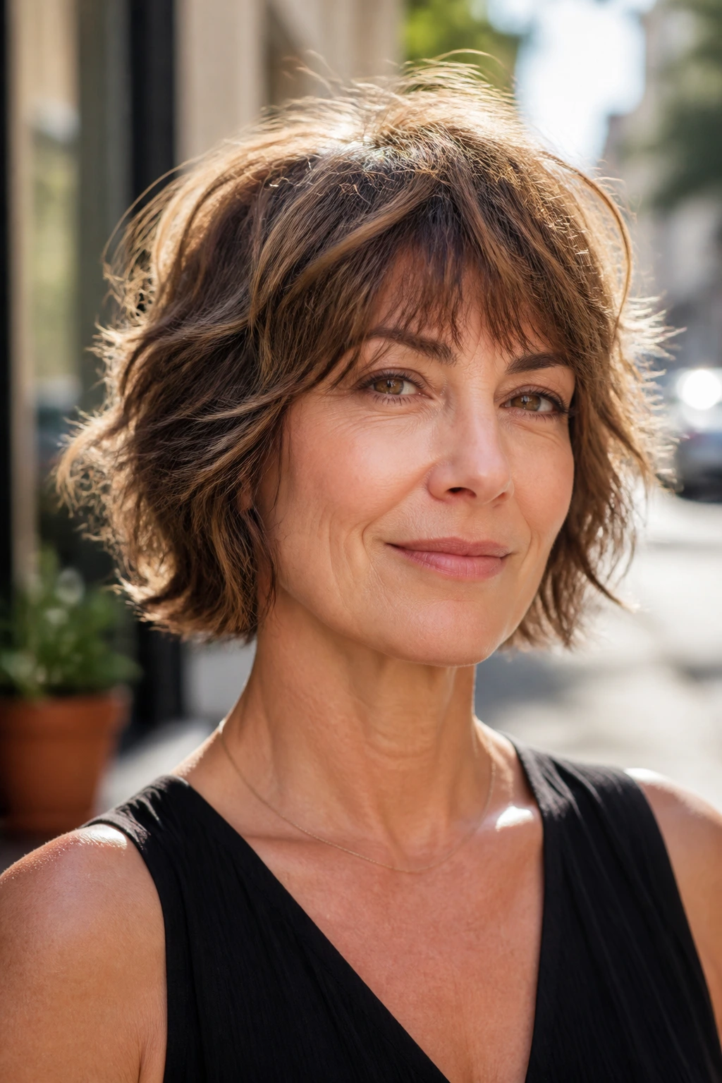 Close-up portrait of a real woman with feathered bob and wispy bangs in morning sun.