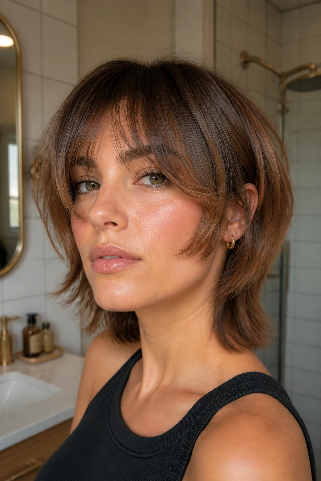 Close-up of a real person with feathered bottleneck bangs and jawline layers.