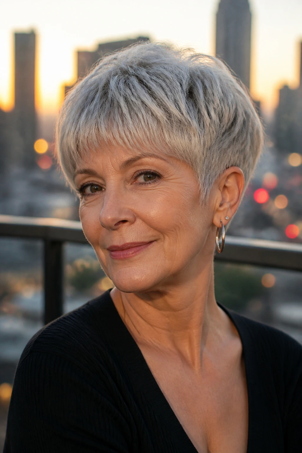 Close-up of a real woman with a feathered bowl pixie on an urban balcony at golden hour