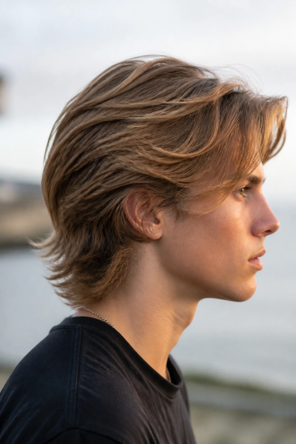 Side-profile portrait of a boy with feathered bro flow hairstyle