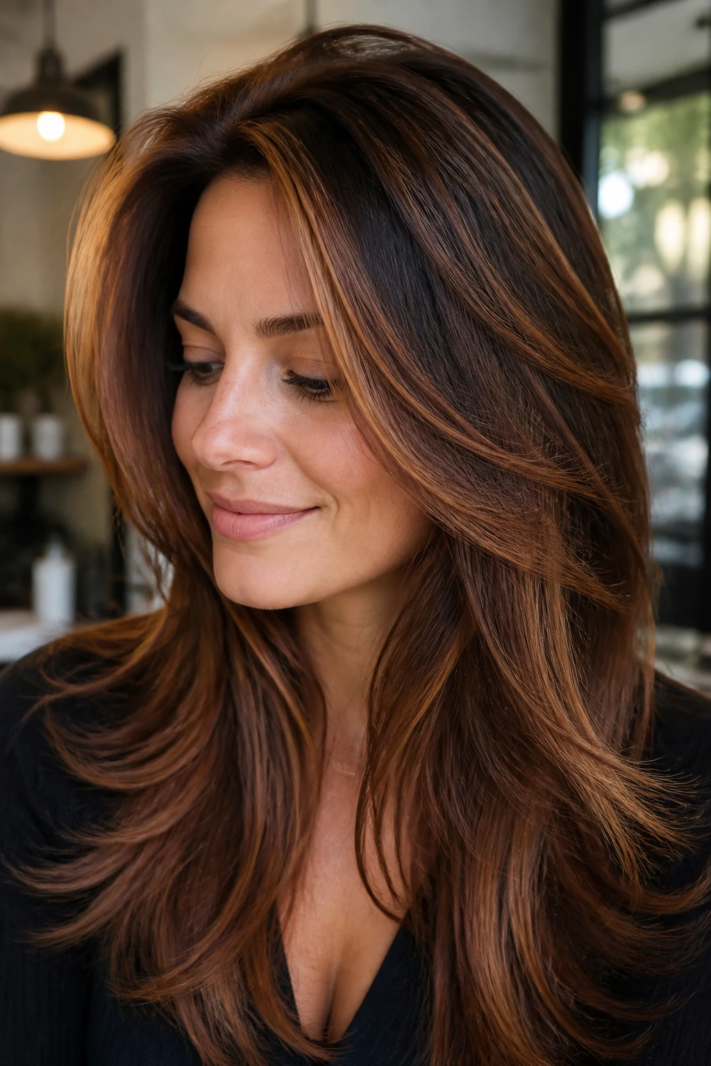 Close-up of a real woman with chestnut hair and apricot veil highlights in feathered layers