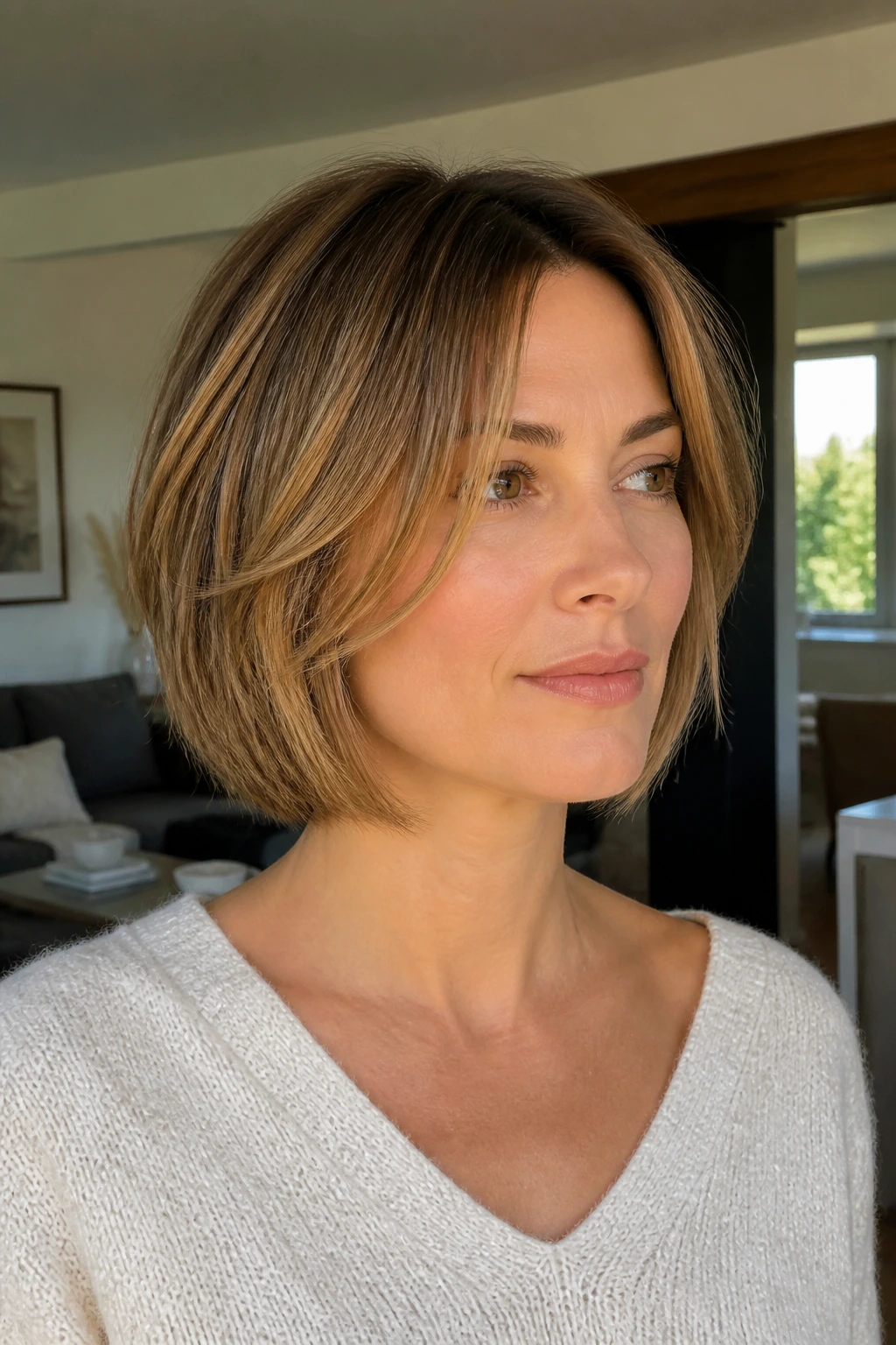 Portrait of a woman with feathered chin-length bob showing soft texture.