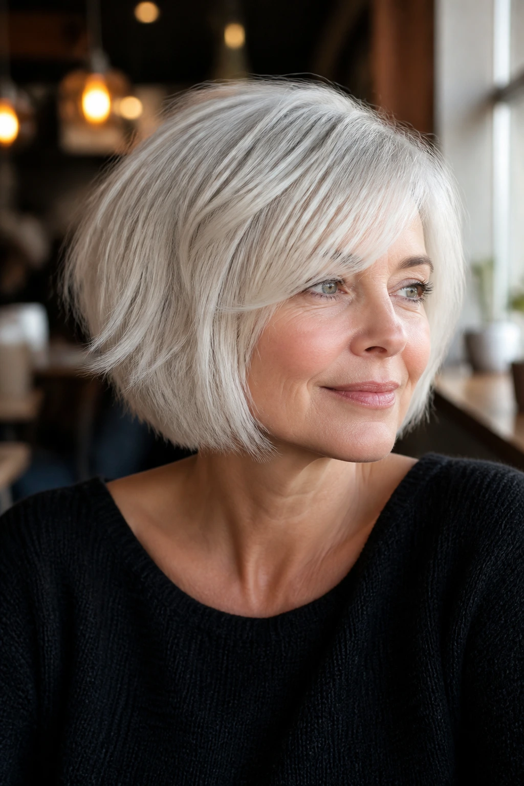 Close-up of a real woman with a feathered chin-length bob in icy platinum