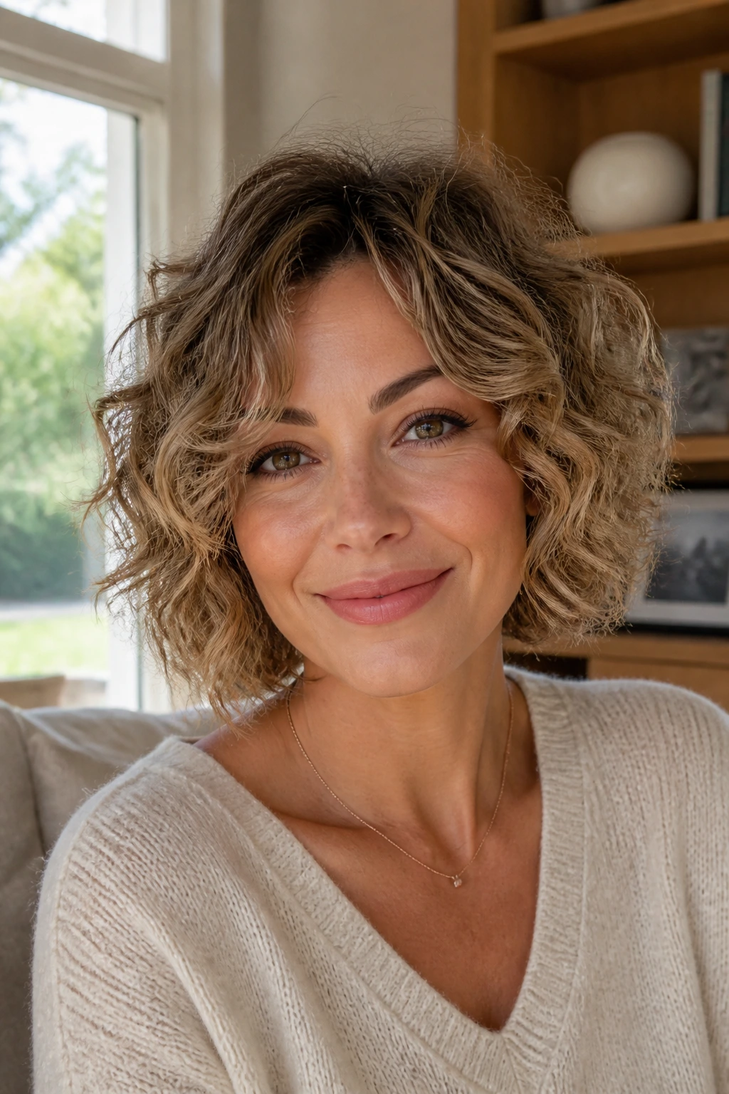 Close-up of a real woman with feathered chin-length layers for soft movement