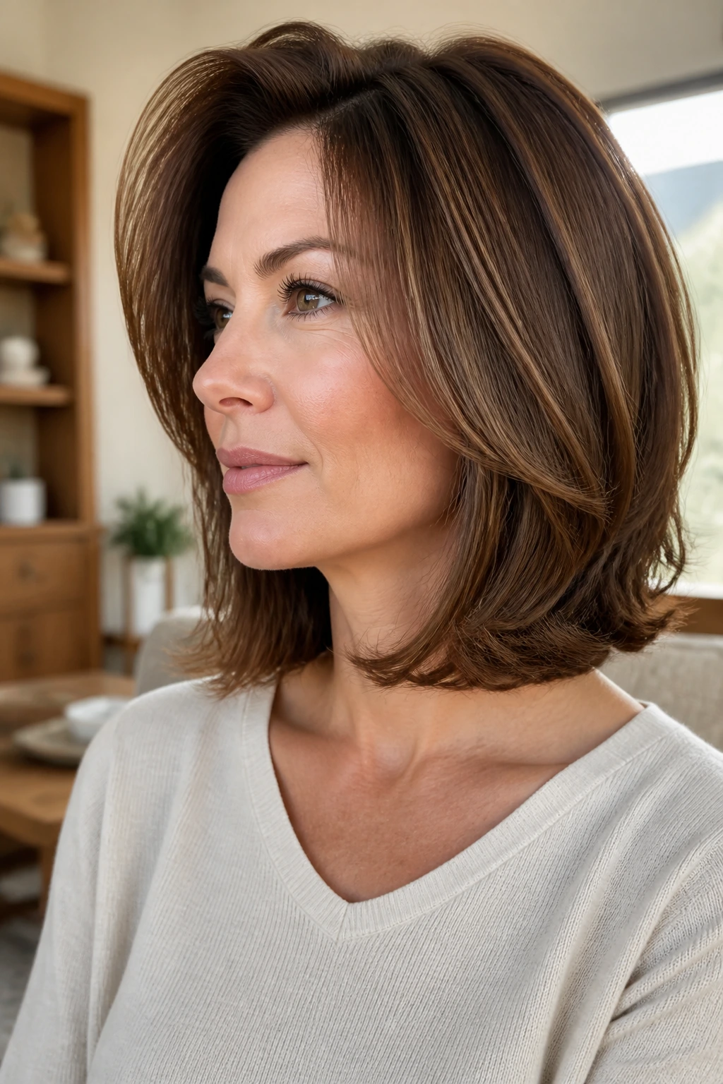 Close-up portrait of a real woman with a feathered cinnamon blowout lob under warm window light