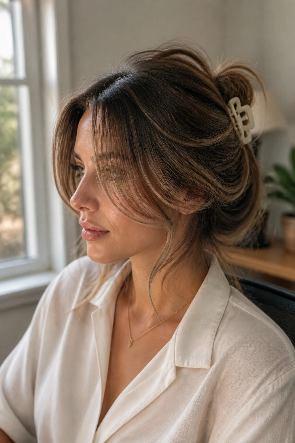 Close-up of a real woman with feathered long hair secured in a claw clip.