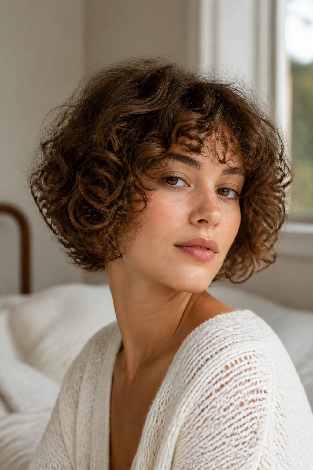 Real woman with feathered cloud bob in bright room.