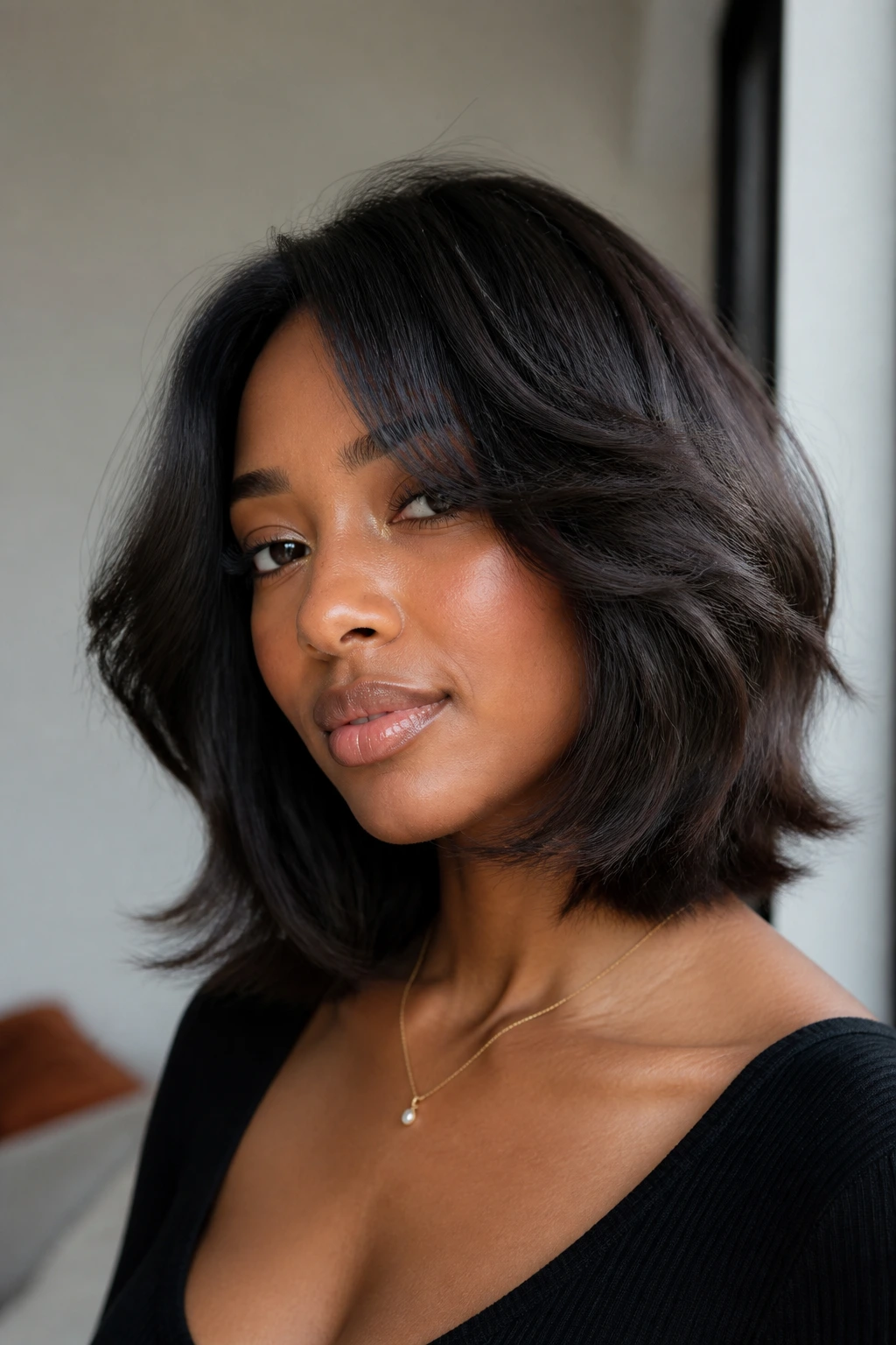 Close-up of a feathered collarbone bob on a real Black woman