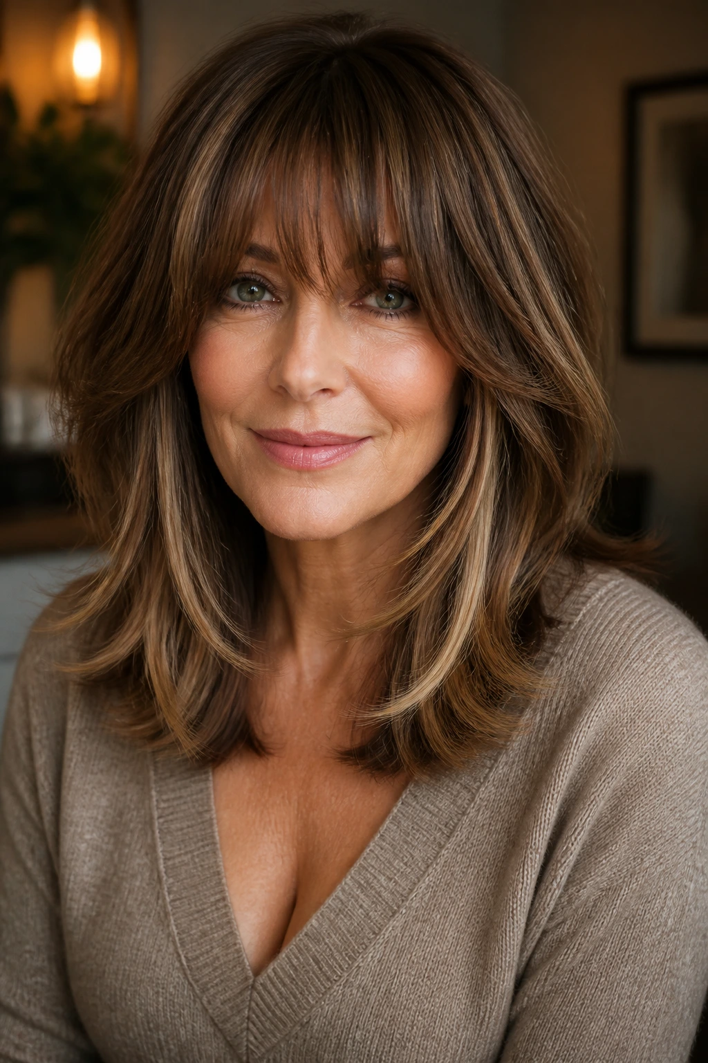 Close-up portrait of a real woman with feathered collarbone layers and caramel ribbons