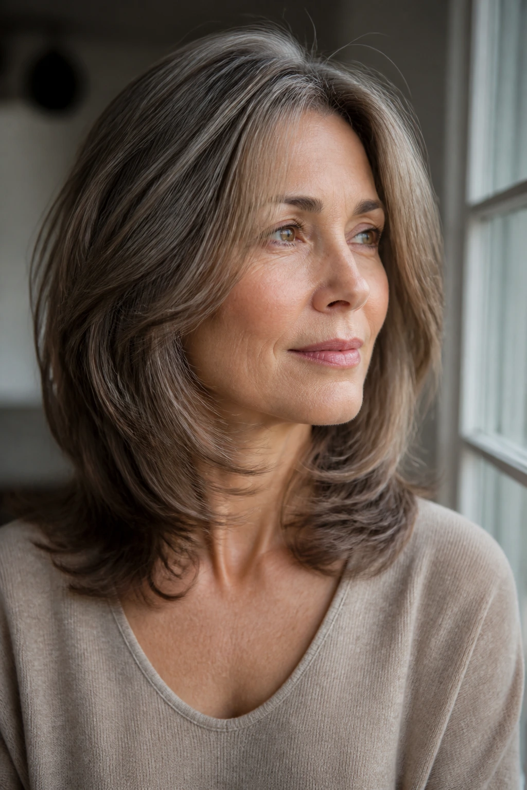 Close-up of feathered collarbone-length layers on thick hair