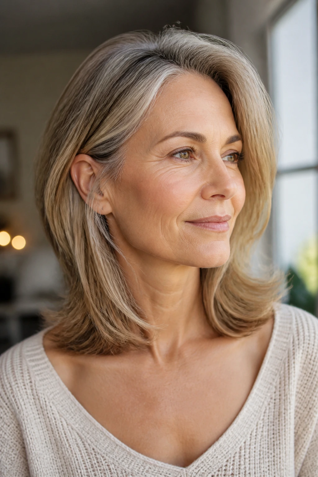 Portrait of a real woman with feathered collarbone-length layers and hair softly swinging away from the face.