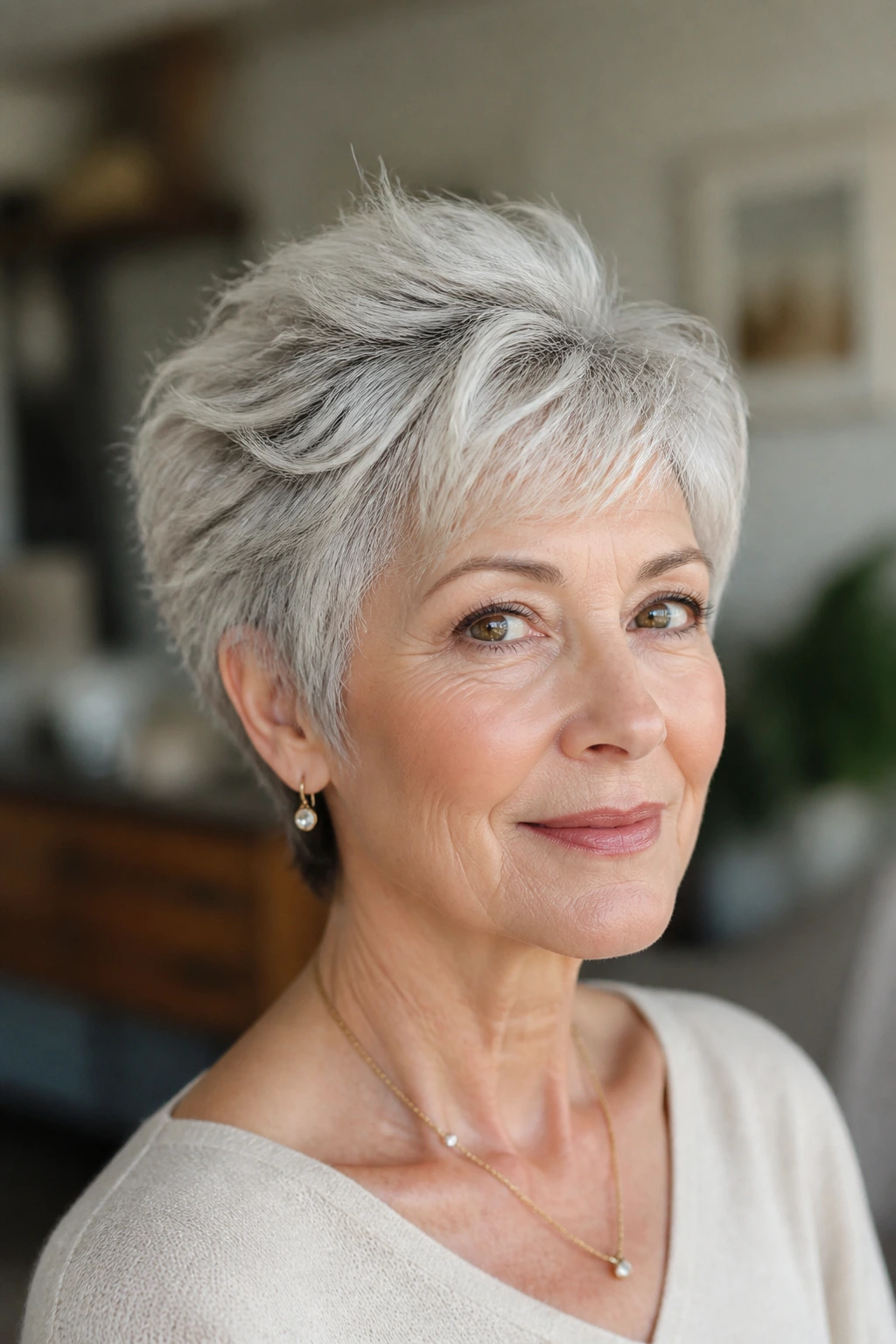 Real woman with feathered crop hairstyle showing airy top