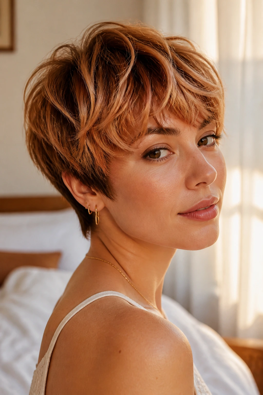 Close-up of a woman with a feathered crop and apricot babylights in warm bedroom light