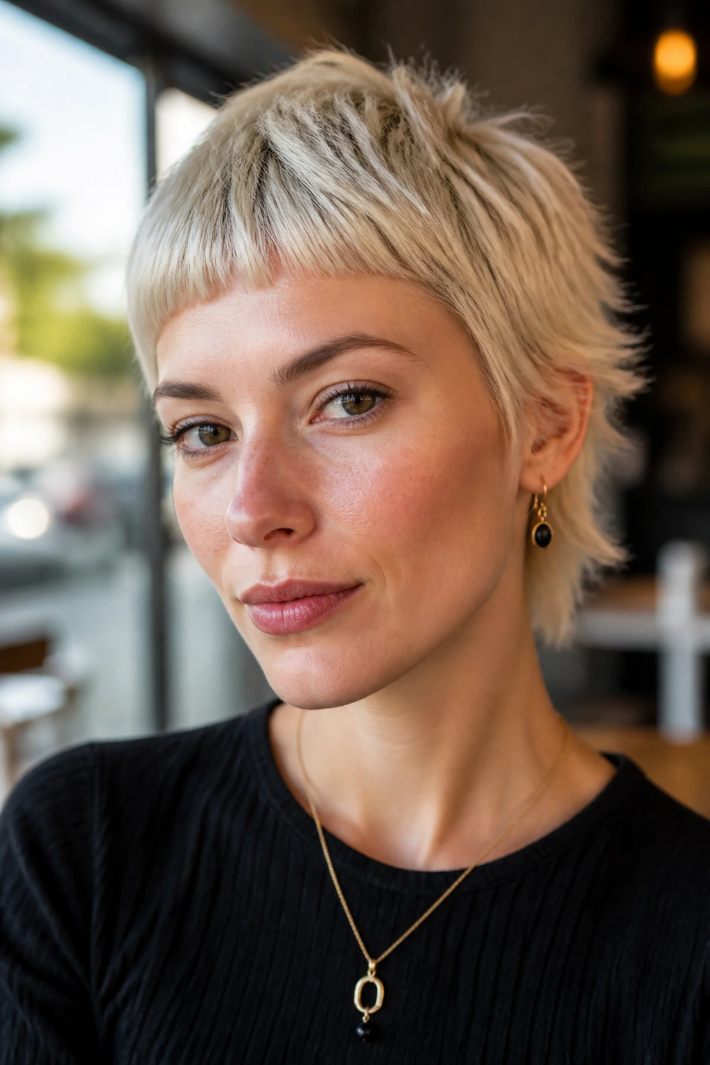 Close-up of a real woman with feathered crop and baby bangs in cafe window light