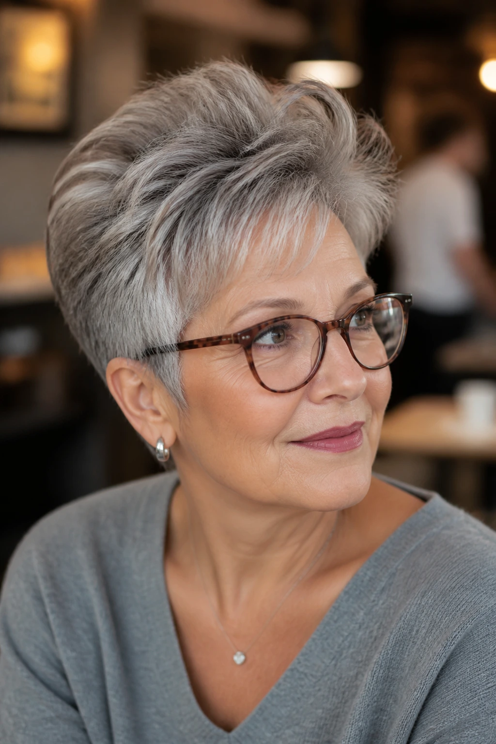 Close-up portrait of woman with feathered crop and crown lift wearing glasses
