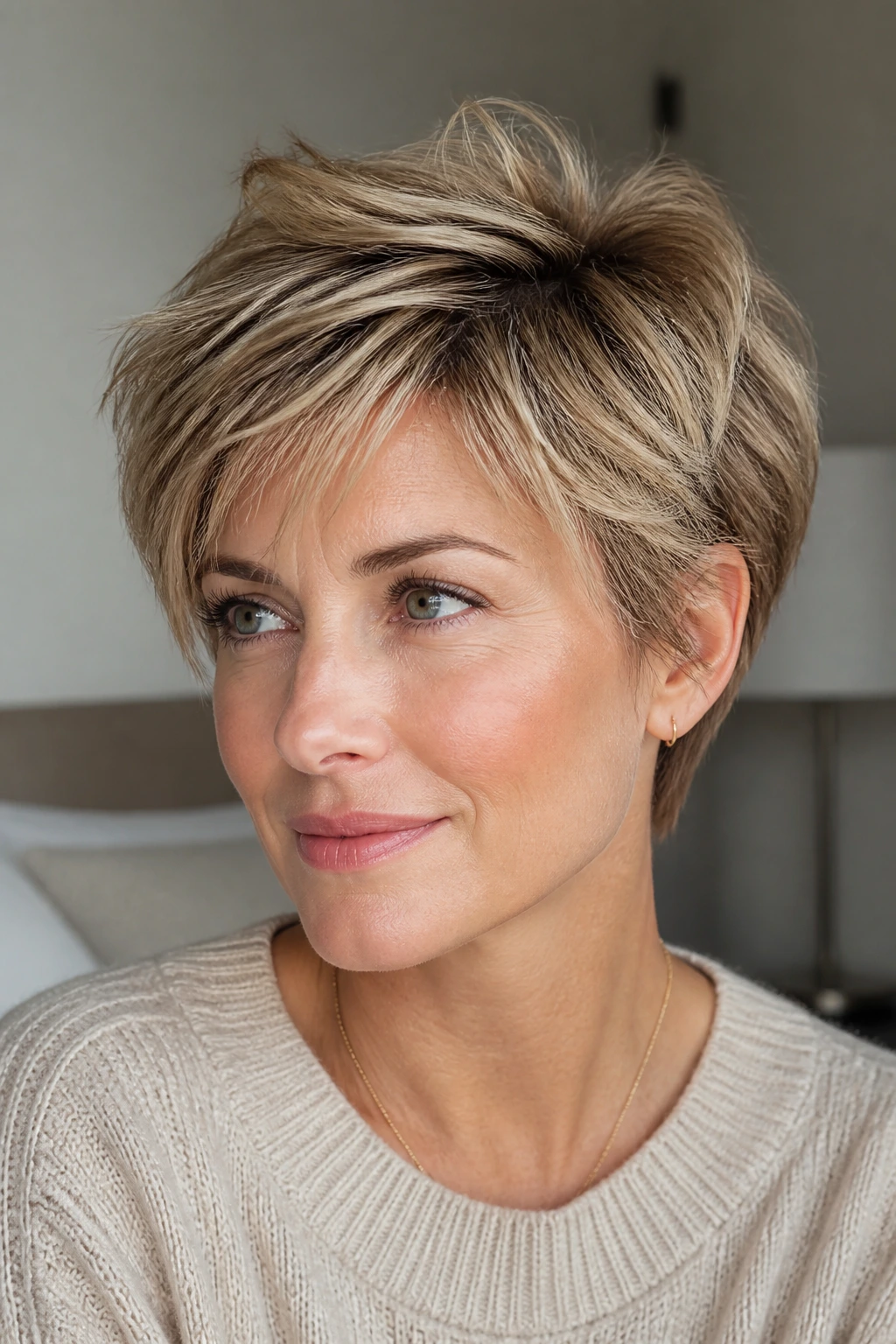 Portrait of a real woman with a feathered crop and crown lift, natural light