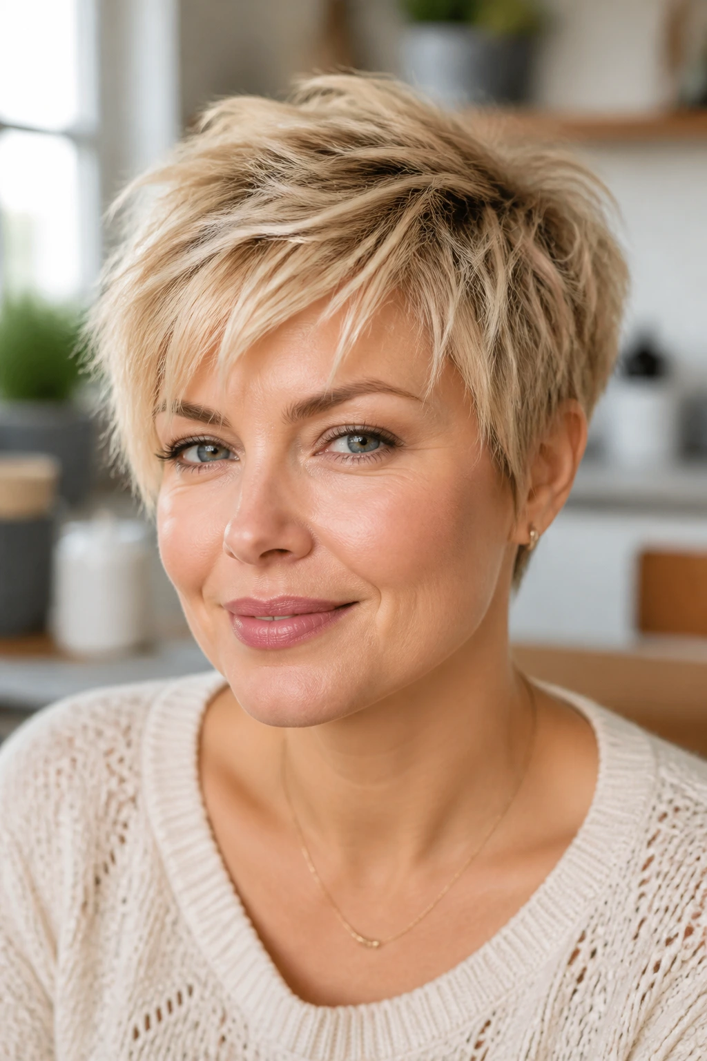Close-up portrait of real woman with feathered crop and shattered ends in vanilla blonde