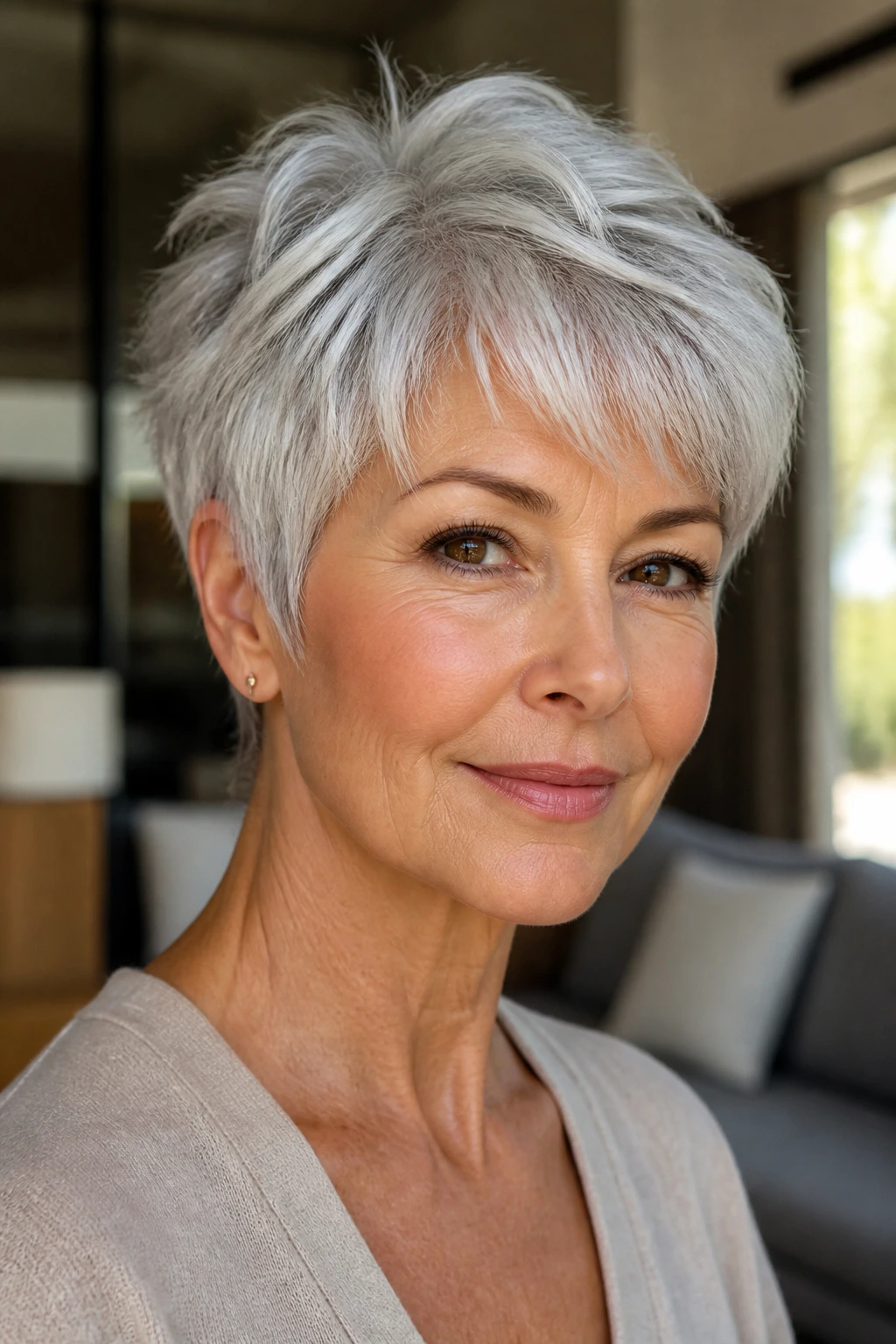 Close-up portrait of a real woman with feathered silver crop haircut