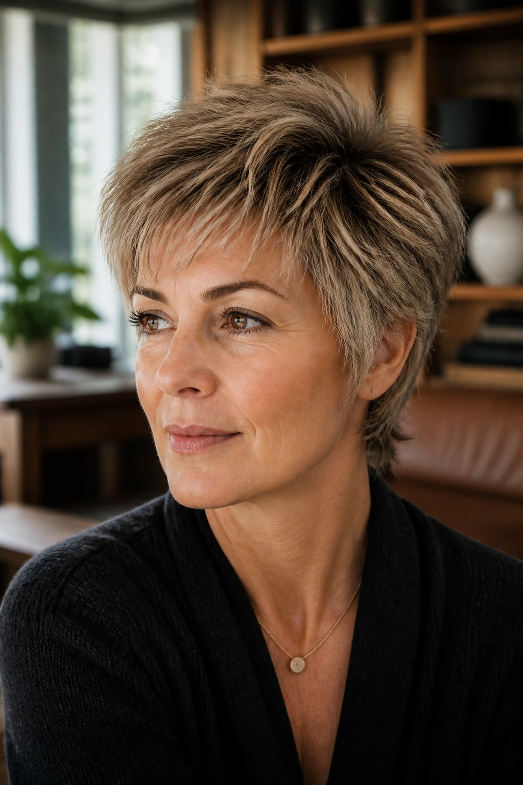 Close-up portrait of a real woman with Soft Feathered Crop and feathered temples