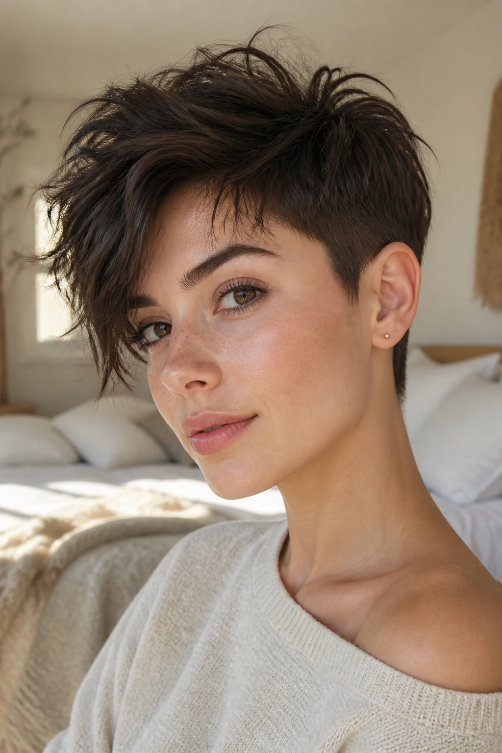 Close-up portrait of a real person with a feathered crop and long top in a bright morning-lit room