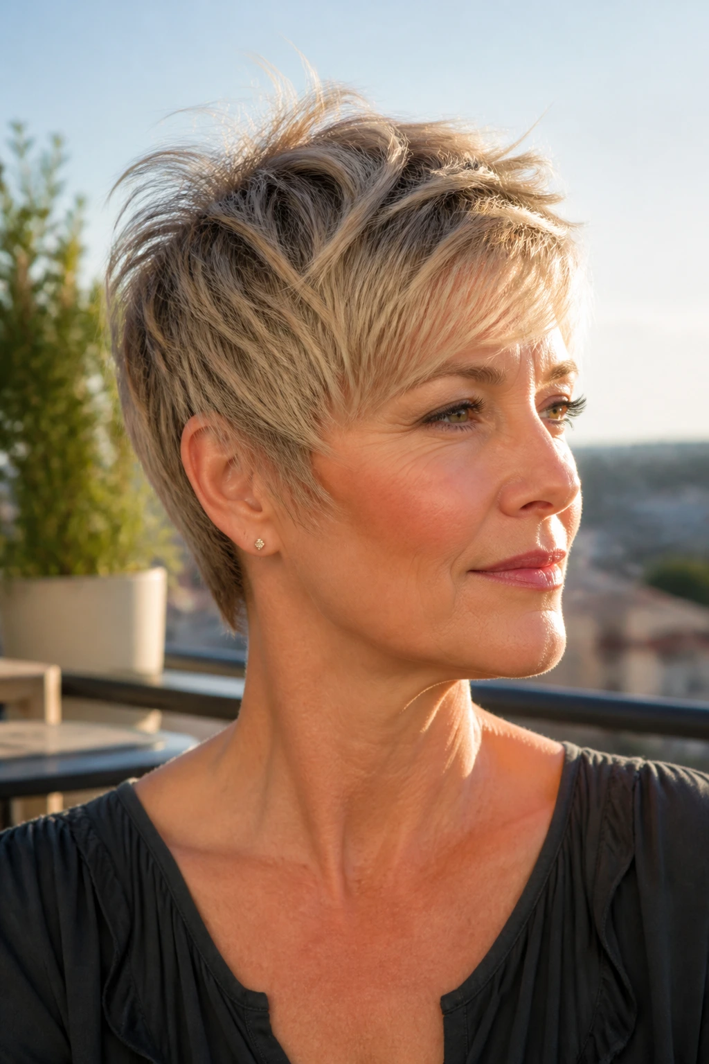 Real woman with feathered crop showing movement away from face in breeze