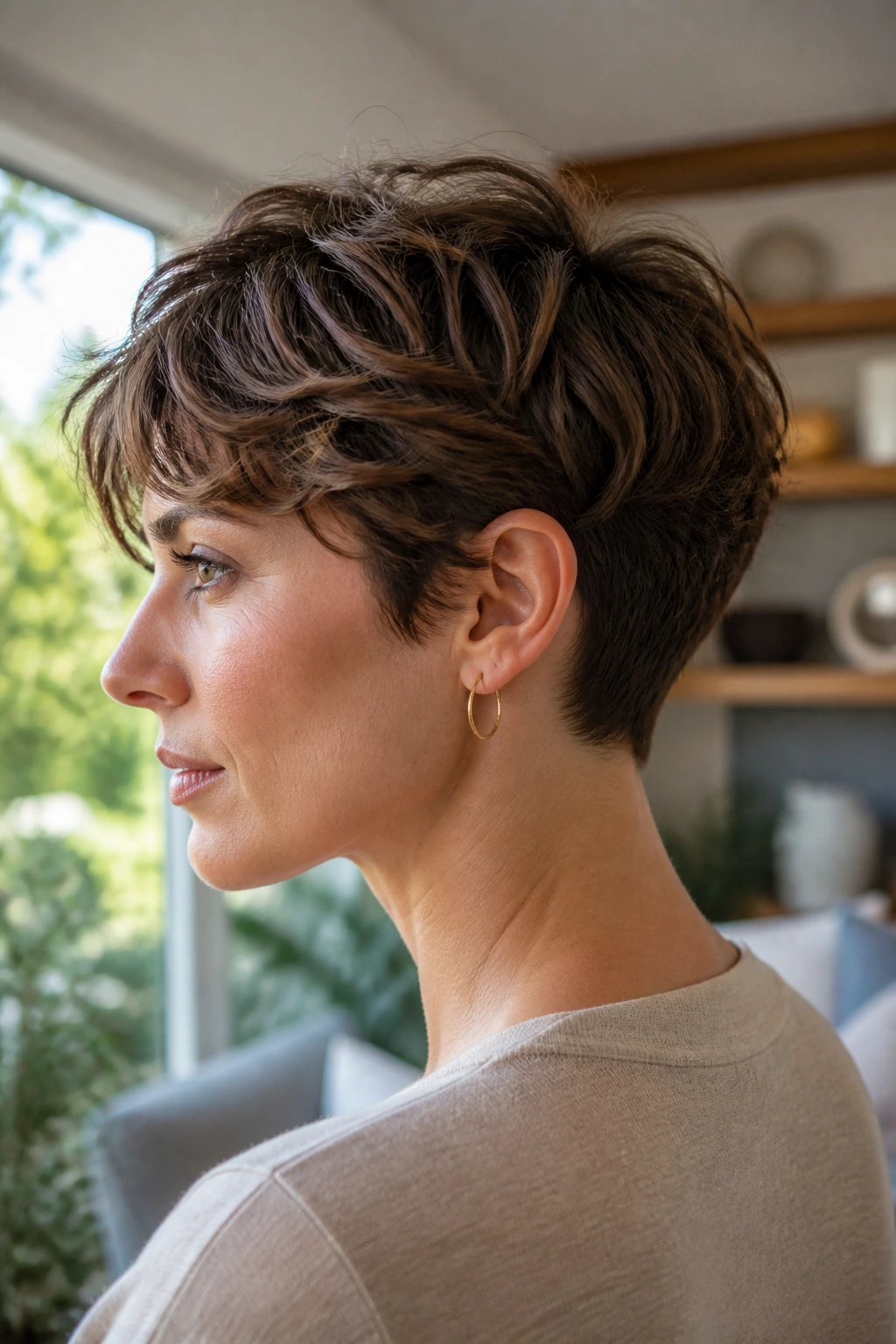 Real woman with feathered crop and clean-nape in a window-lit modern living room.