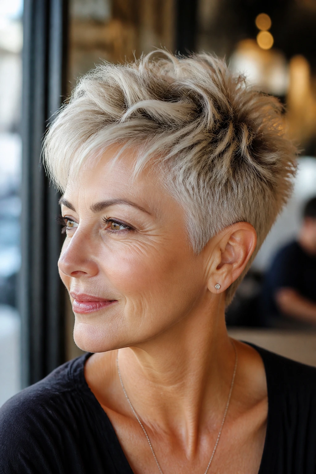 Portrait of a real woman in her 50s with a feathered crop showing crown lift