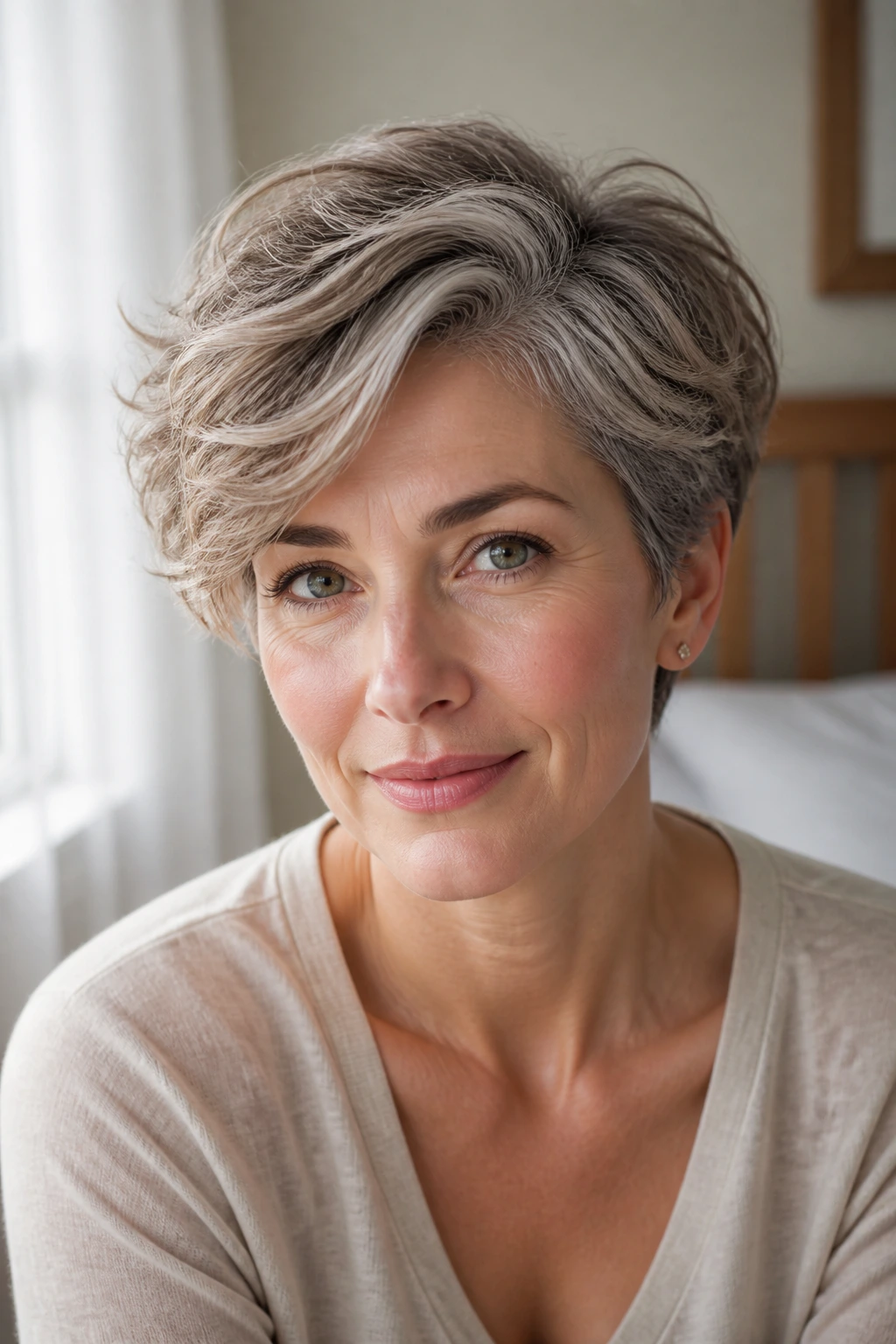 Real woman with feathered crop and side part in soft morning light